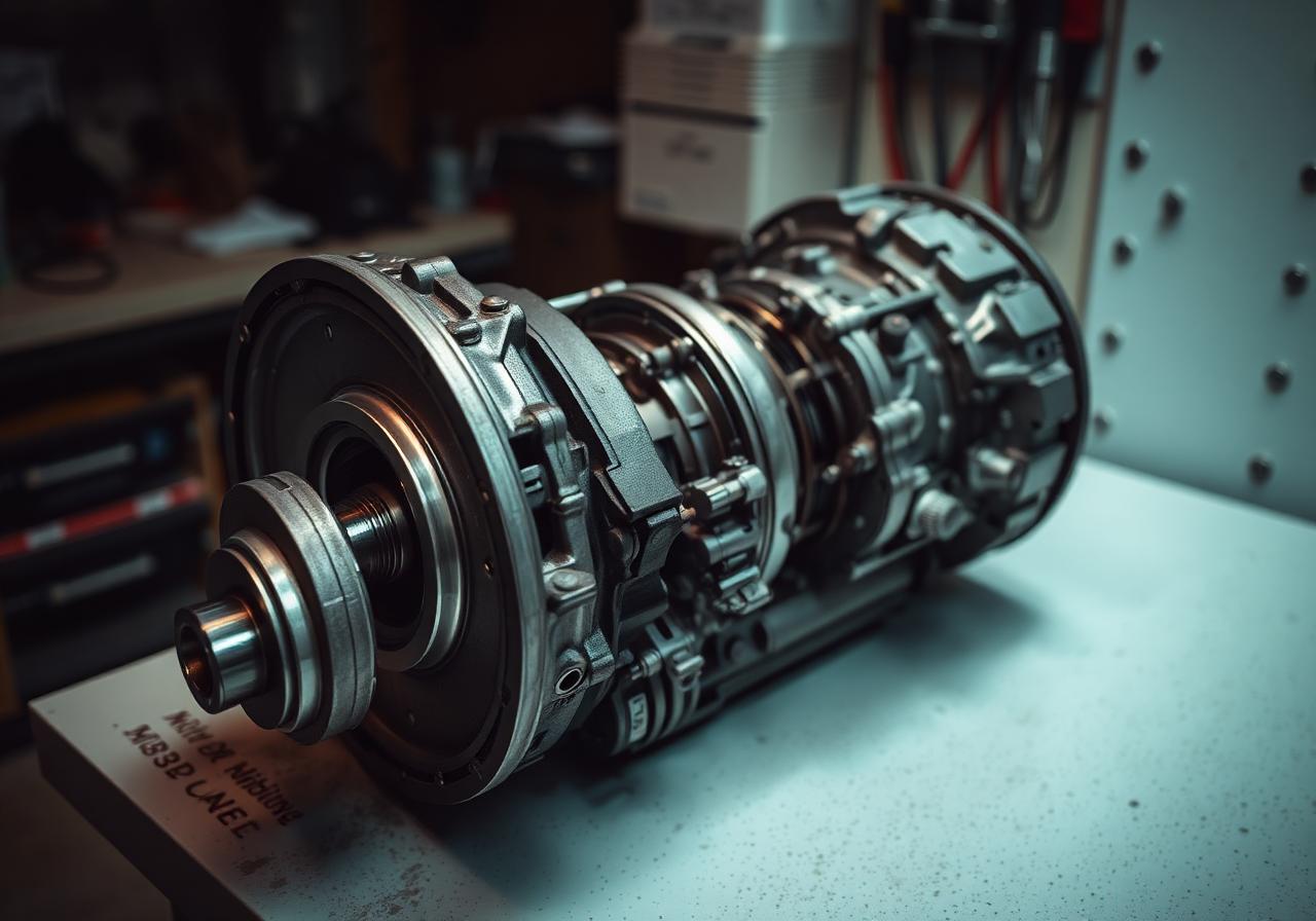 Disassembled transmission on workbench